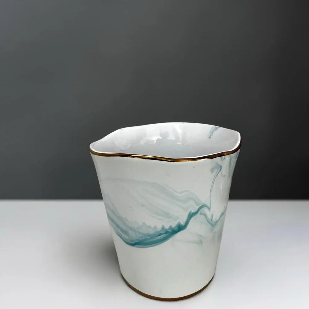 Small Blue Marble Porcelain Cachepot Planter | White & Aqua Swirl Vase Gold Trim